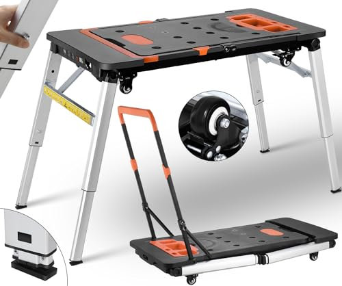TLGREEN 7 in 1 Banco da Lavoro Pieghevole,Tavolo da Lavoro Pieghevole,Piattaforma di Lavoro Regolabile in Altezza,Carrello da Trasporto,Carrello a Mano con 2 pcs Rotella con Freno,per Domestico,DIY