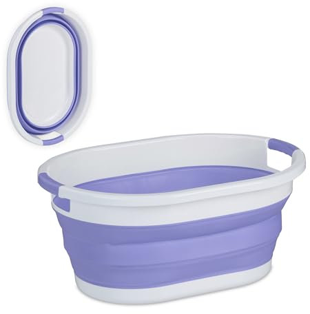 Relaxdays Wäschekorb faltbar, 36 l, Wäschewanne aus Kunststoff, platzsparend zusammenklappbar, mit Griffen, lila/weiß