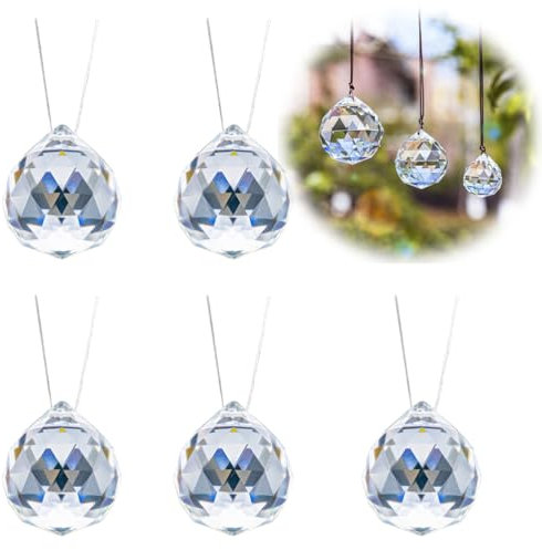 20mm Prisme de Boule de Cristal Clair - 5Pcs Suspension Suncatcher à Facettes pour Lustre de Plafond, Feng Shui, Maison de Mariage, Décorations de Bureau