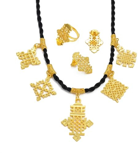 ETH-JE-G Ethiopian Traditional Jewelry Set | Eritrean Wedding Sets Includes Cross Pendant, Black Rope Earrings, Ring Sets