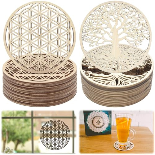 XSHAO® Blume des Lebens Untersetzer/Baum des Lebens Untersetzer, Teeuntersetzer aus Holz 20 Stück 10x10cm für Meditation/Haus/Dekoration/Esszimmer