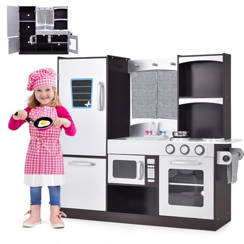 HOMASIS Cuisine pour enfants en bois avec cuisinière, four, réfrigérateur, micro-ondes, évier, robinet, table de jeu, pour enfants à partir de 3 ans, marron