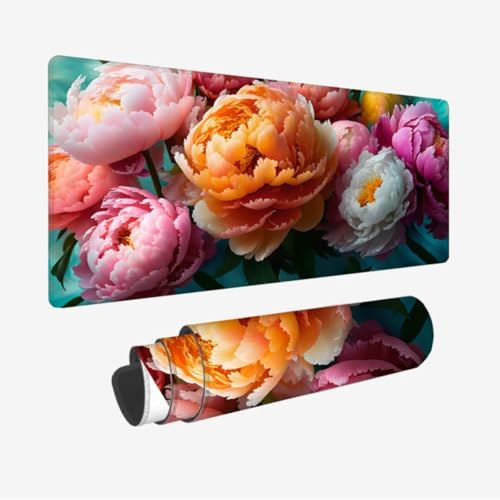 Tapis de Souris XXL 1600x800x3mm,Tapis de Souris Blanc sous Main Bureau,Tapis Souris Pivoine Tapis de Souris Gamer,Tapis Souris Gamer Imperméable Antidérapante,sous-Mains pour Bureau/Gamer JC-363