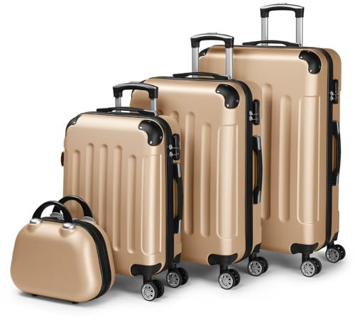 LALAHO Kofferset 4 teilig, Reisekoffer Set mit Kosmetikkoffer, Hartschalen Koffer Set aus ABS, Gepäckset mit Schminkkoffer, Handgepäck und 4 Eckenschützern, Champagnergold