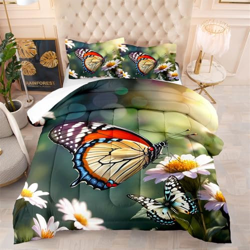Bettdecke 140X200 Schmetterlingsblumen Bettdecken 200Gsm,Dünne Und Leichte Duvet,4 Jahreszeiten Bettdecken,Weiche Mikrofaser Bettdecke Mit 2 Kissenbezüge,Warm Steppbettdecke Für Allergiker