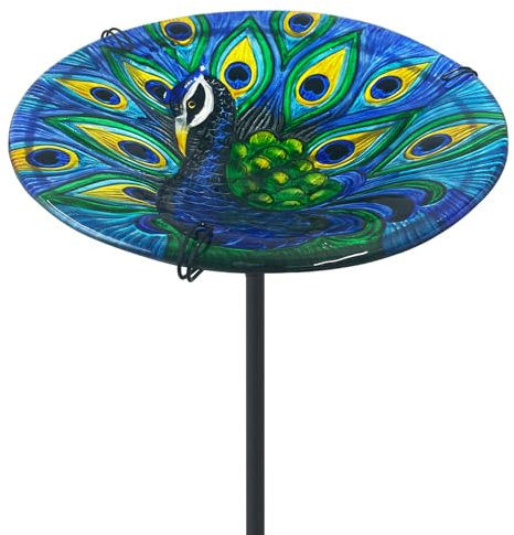 teyigarden Pfauen-Vogeltränke für den Außenbereich, Glas-Vogeltränke, Schüssel und Vogelfutterstation mit Metallpfahl für Garten, Hof, Rasen, Terrasse, Vogelliebhaber, Geschenk, 26,7 cm Durchmesser