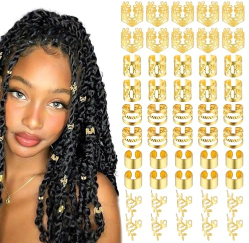 50 pinzas en espiral para rastas, accesorios para el cabello, cuentas para trenzas, anillos ajustables para trenzas para mujeres y hombres, color dorado