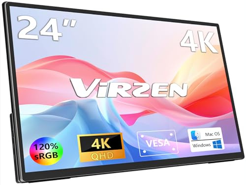 Virzen - Monitor portátil grande 4K 24 UHD 3840 x 2160 120% sRGB IPS doble altavoz USB-C HDMI ampliable segunda pantalla externa VESA soporte para Mac PC externo ordenador portátil teléfono