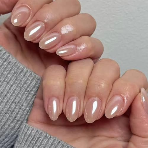 24pcs Almond False Nails - Pearl Nude Stick on Nails - Oval Short Fake Nails with Glue - 12 Sizes Aurora French Tip False Nails - Full Cover Acrylic Nail with Design Elegant