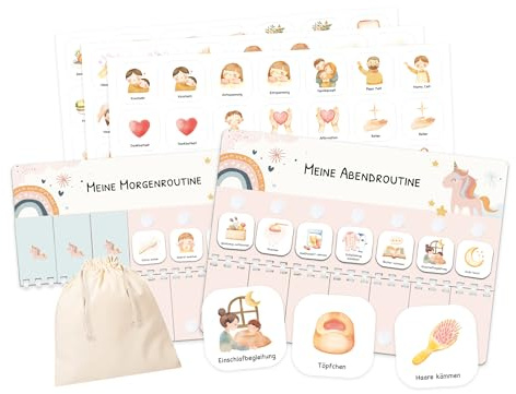 Routine Planer Kinder für Morgenroutine und Abendroutine - Routineplaner, Tagesplan Kinder mit Klett-Punkten und 105 Symbolkärtchen, Montessori Planer, Routinehilfe zum Umklappen (Einhorn)