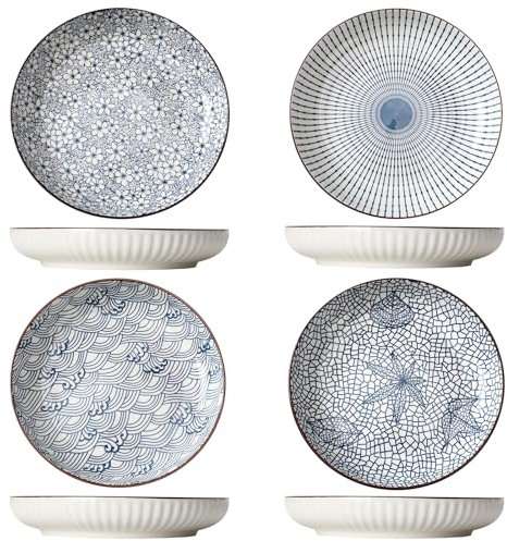 TuYines Ceramic Deep Dinner Plates Set of 4 Patterned,8 Inch Ceramic Dessert Plates,Salad Plates Set,Dinnerware Set for Pasta Bowls,Ramen Microwave & Dishwasher Safe