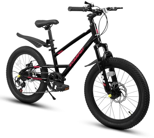 20 Inch Kids Mountain Bike for Boys Girls, 7-Speed Children Mountain Bike with Front Suspension, Dual Disc Brakes and Fender, Steel Frame Kids Bicycle for Ages 6-12 Years Old Birthday Gift, Black