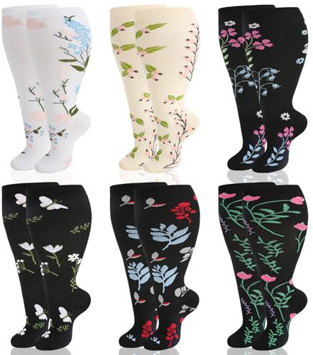 Smivyhp 6 Paar Kompressionsstrümpfe, bunte Stützsocken für dicke Waden XXXL | 20-30 mmHg Kompression. Für kräftige Waden geeignet. Angenehmer Halt bei Sport, Reisen und langem Stehen