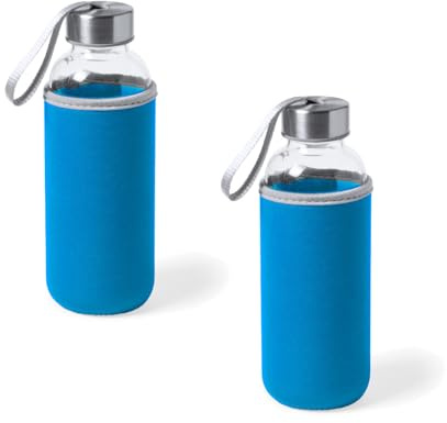 Genérico Juego de 2 Botellas de Agua de Cristal de 420ml con Funda de Neopreno y Tapa de Seguridad, Botellas Reutilizables de Bebidas para Deporte, Oficina y Viajes (Azul Claro)
