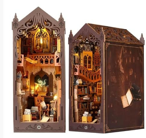 PQETBV Book Nook Kit - Pussel av trä 3D Booknok, DIY Book Nook Kits med dammtäck och LED-ljus, Booknook Maquets för vuxna för att bygga