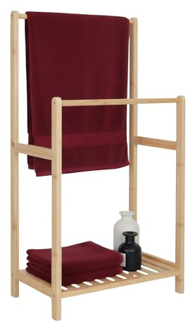 Porte-Serviettes Relaxdays en Bambou, 2 Barres, avec Tablette, H x L x P : 77,5 x 42 x 24 cm, Autonome, Naturel.