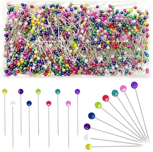 Tarqite 1000 Spilli con Testa, Spilli in Acciaio Inossidabile da 38 mm, Spille con Testa in Vetro Colorato, Spille con Scatola in Plastica Trasparente per Fai da Te, Gioielli, Cucito e Orli