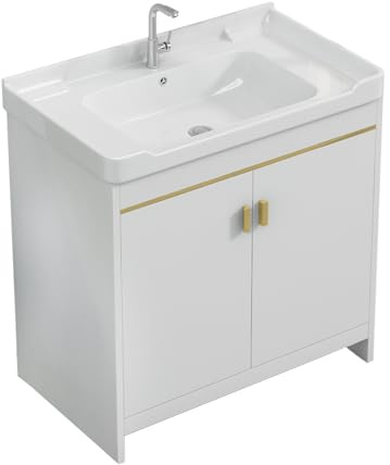 TYMYW Waschtisch Stehend mit Waschbecken und Unterschrank mit Füßen Badezimmer Unterschrank mit Wasserhahn mit Tür mit Soft-Close,Weiß,70Cm