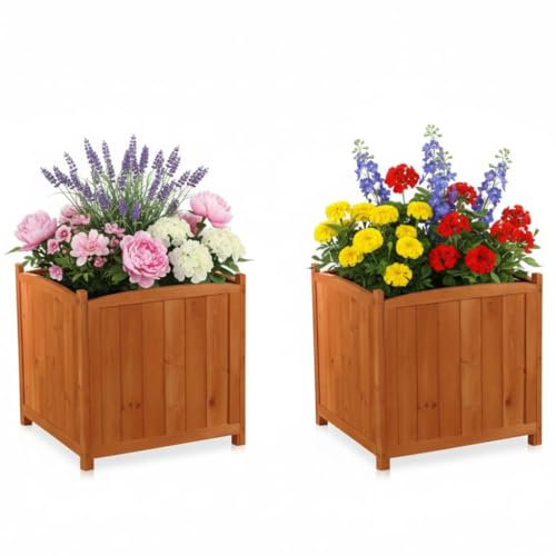 Mucola Pflanzkübel Blumenkübel eckig 2er Set 50x50x50 cm Fichtenholz Braun | mit Schutzfolie ausgekleidet, schützt vor Feuchtigkeit, für Blumen, Kräuter und kleine Sträucher, auch für Wintergärten