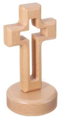Housoutil Easter Wooden Standing Cross with Round Base, Hollow Christian Crucifix Desk Tabletop Ornament, Solid Wood Catholic Religious for Home Decor Bedroom Desktop and Office Display