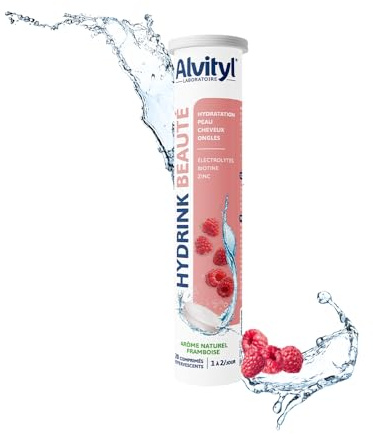 ALVITYL HYDRINK BEAUTÉ – Électrolytes – Biotine, Zinc – Hydratation, Peau, Cheveux, Ongles – Pastilles Effervescentes – Goût Framboise – 20 comprimés effervescents