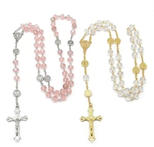 GWEOR Pack de 2 Collares de Rosario con Cruz, Cuentas de Cristal Facetado en Rosa y Transparente Dorado, Gargantilla Religiosa Elegante para Mujer y Niña