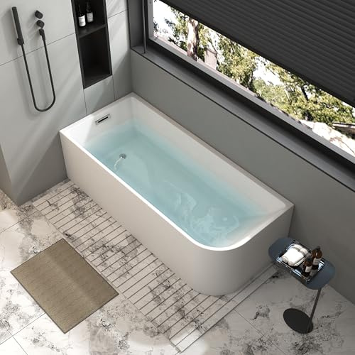 WHALEKING Modern Freestanding Soaking Bathtub, 59x28.75 inch Corner Bathtub Left Drain, Luxury Stand Alone Acrylic Tubs with Pop-Up Left Hand Drain & Overflow, Glossy White,Sapce Saving