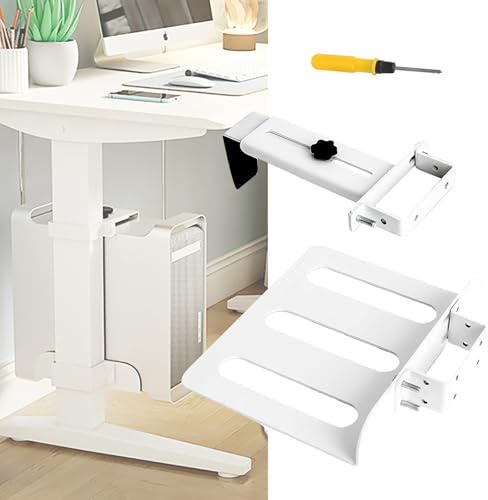 TuoXieLvJu PC Halterung unter Schreibtisch,Weiß PC Halterung für Untertisch, Ohne Bohren montierbar,Höhe und Breite Verstellbar,18 kg Tragkraft, Nur für Tischbeine 65×45 mm (L×B), Einfache Montag