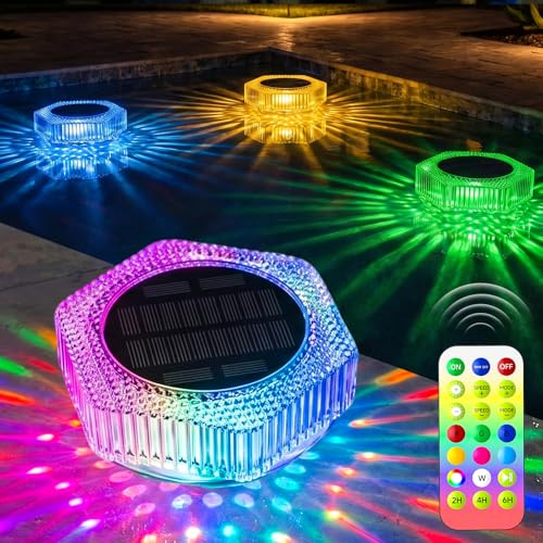 Lampe Solaire Flottante Pour Piscine, RGB 7 Couleurs, IP68, TéLécommande | 4 Niveaux De Luminosité, Modes Dynamiques, Minuterie 2/4/6H, Portée 10M Et Autonomie 12H Pour étang, Jardin et Fêtes