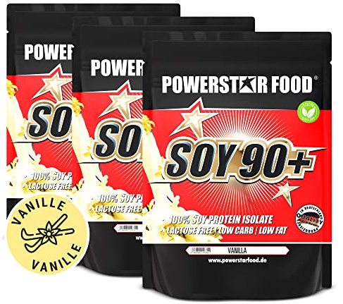 Powerstar SOY 90+ Vanilla 3x1kg Soja-Isolat - 93% Protein laktosefrei vegan | Sojaprotein Soja Protein ohne Zucker-Zusatz - Made in Germany gentechnisch unverändert - Eiweißpulver Vanille