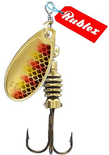 Rublex - Pack de 5 Cucharillas de Pesca Celta-2 BTG | Cebo Artificial de Pesca con Sistema Quita-Vueltas y Anzuelo Fácilmente Intercambiable, Color BTG Oro Rojo Amarillo, 3'5gr