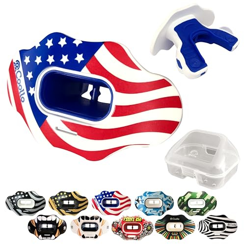 COOLLO SPORTS Lip Guard Mouthguard MAXX/Might Football and High Impact Sports Lip Protector for Adults & Youth (Strap Included) (American Flag -(Two Layers), with Case (Adult 8+))