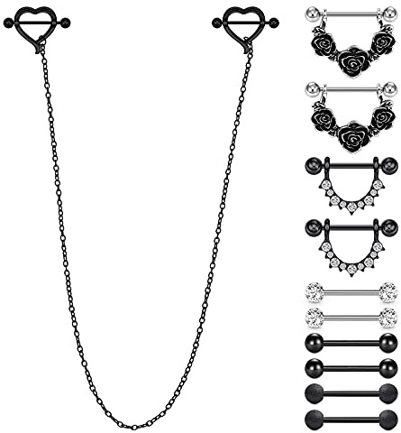 D.Bella Brustwarzenpiercing mit Kette Chirurgenstahl Nippel Ringe 14G Zungenpiercing Nippelpiercing 12 STK Barbell Piercing Schmuck Schwarz