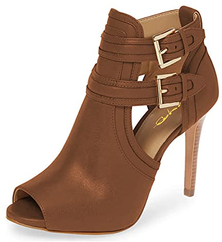 XYD Women Peep Toe Sandal Ankle Booties Dual Buckled Straps Stiletto Heels Stylish Cutout Event Party Pumps Shoes (Brown Leather, Size 11)