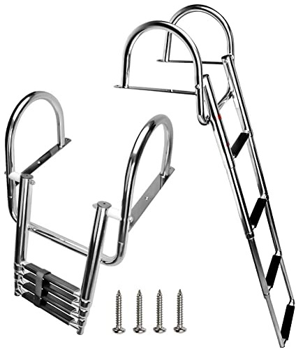 FUTURUP 4-Step Stainless Steel Pontoon Boat Ladder, Telescoping Rear Entry, 400-lb Capacity
