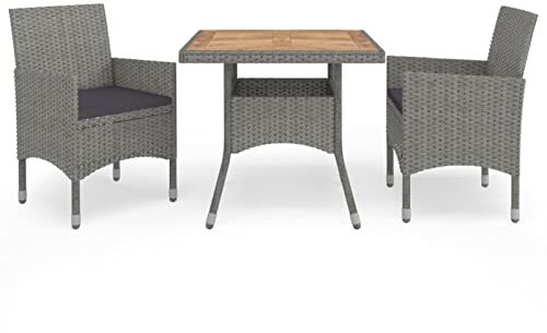 Gecheer 3-TLG. Garten Essgruppe Sitzgruppe Gartenmöbel Set Polyrattan Balkonset Terrassenmöbel Sitzgarnitur Gartengarnitur Lounge-Set aus Esstisch und 2 Sessel Grau Poly Rattan und Akazienholz