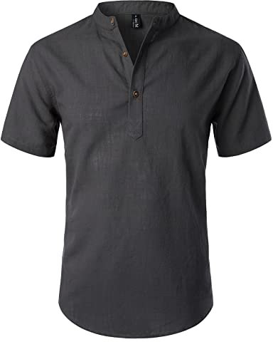 LucMatton Sommerhemd für Herren, aus Baumwolle/Leinen, Kurzarm, lässiges Henley-Hemd, leichte Sommer-Oberbekleidung für den Strand, mit Stehkragen, Dunkel_Grau, L