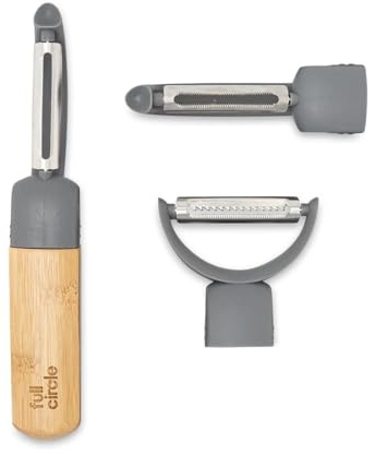 Full Circle Peel Good Collection Peeler Assortment – Set of 3 Julienne, Serrated and Straight Stainless Steel Blades with Bamboo Handle - 3-in-1 Swivel Head Fruit and Vegetable Peeler