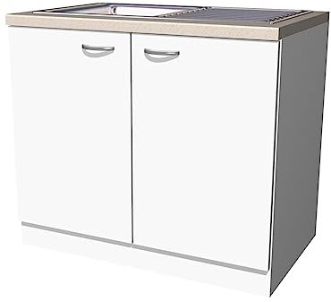 Flex-Well Smart Möbel Spüle mit Unterschrank 100 cm – Weiß – Küchenspüle mit Arbeitsplatte & Edelstahl-Spülbecken – kompakter Spülenunterschrank für Single-Küche oder kleine Küchenzeile