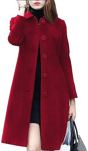 Leyoutx Women's Lapel Single Breasted Mid-Long Classic Solid Color Slim Fit Wool Blend Coat