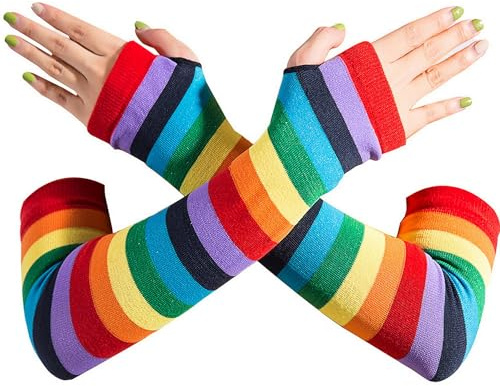 Sihaby Damen Armstulpen,Lange Bunte Streifen Handschuhe,Gestrickte Fingerlose Handschuhe,Mode Handschuhe für Halloween Cosplay Punk Gothic Rock Kostüm Zubehör
