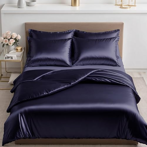 Cozyor Satin Bettwäsche 135x200 extra dick und weich mit robustem Reißverschluss Kissenbezug 80x80 cm, edles Satin 2-teilig, dunkelblau Ocean