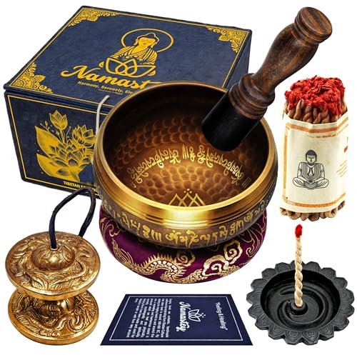 NAMASTEY® – Handgehämmerte Tibetische Klangschale Set Ø10 cm – Meditationszubehör & Yoga Set inkl. Räucherstäbchenhalter, Seil Räucherstäbchen, Tingsha Zimbeln, Lokta Box – Handgefertigte aus Nepal
