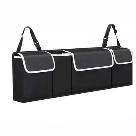 ASelected Car Trunk Organizer 90 x 25 x 12 cm with Adjustable Straps for SUV Foldable with Multiple Compartments Waterproof PVC Trunk Storage Space Saving, Black
