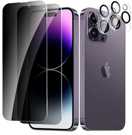 CYYAGE 2 Stück Sichtschutz Schutzfolie für iPhone 14 Pro und 2 Stück Kameraschutz, Anti-Spähen Displayschutz HD Blickschutzfolie Privacy Schutzglas Folie, 9H Härte, Kratzfest