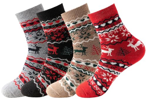 Calze Termiche Donna, 4 Paia Calze Invernali Vintage, Calze Natalizie, Calzini Caldi Donna, Calze Termiche Invernali per Regali Natale Invernali Donna