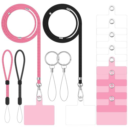 Vspek Crossbody Phone Lanyard Strap with 8 Patches, 2 Cell Phone Lanyards, 2 Wrist Lanyards, 2 Key Rings, Adjustable Nylon Neck Strap, Universal, Black+Pink