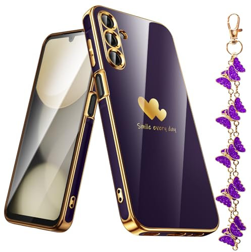 Nonional for Samsung Galaxy A15 5G Case with Phone Lanyard Wrist Strap [Butterfly Shape], Luxury Double Heart Pattern Plating Gold Edge Slim Soft Phone Cover Case for Galaxy A15 - Purple