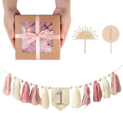 URROMA 1Pcs 1st Birthday Banner High Chair Banner Boho High Chair Fabric Garland Pink Wall Hangings for first Birthday Party