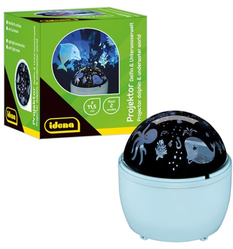 Idena 50144 - Proiettore LED delfino e mondo sottomarino, si illumina nei colori bianco e blu, proiettore LED del cielo stellato con 2 modalità, per uso interno, a batteria, circa 11,5 x 13 cm